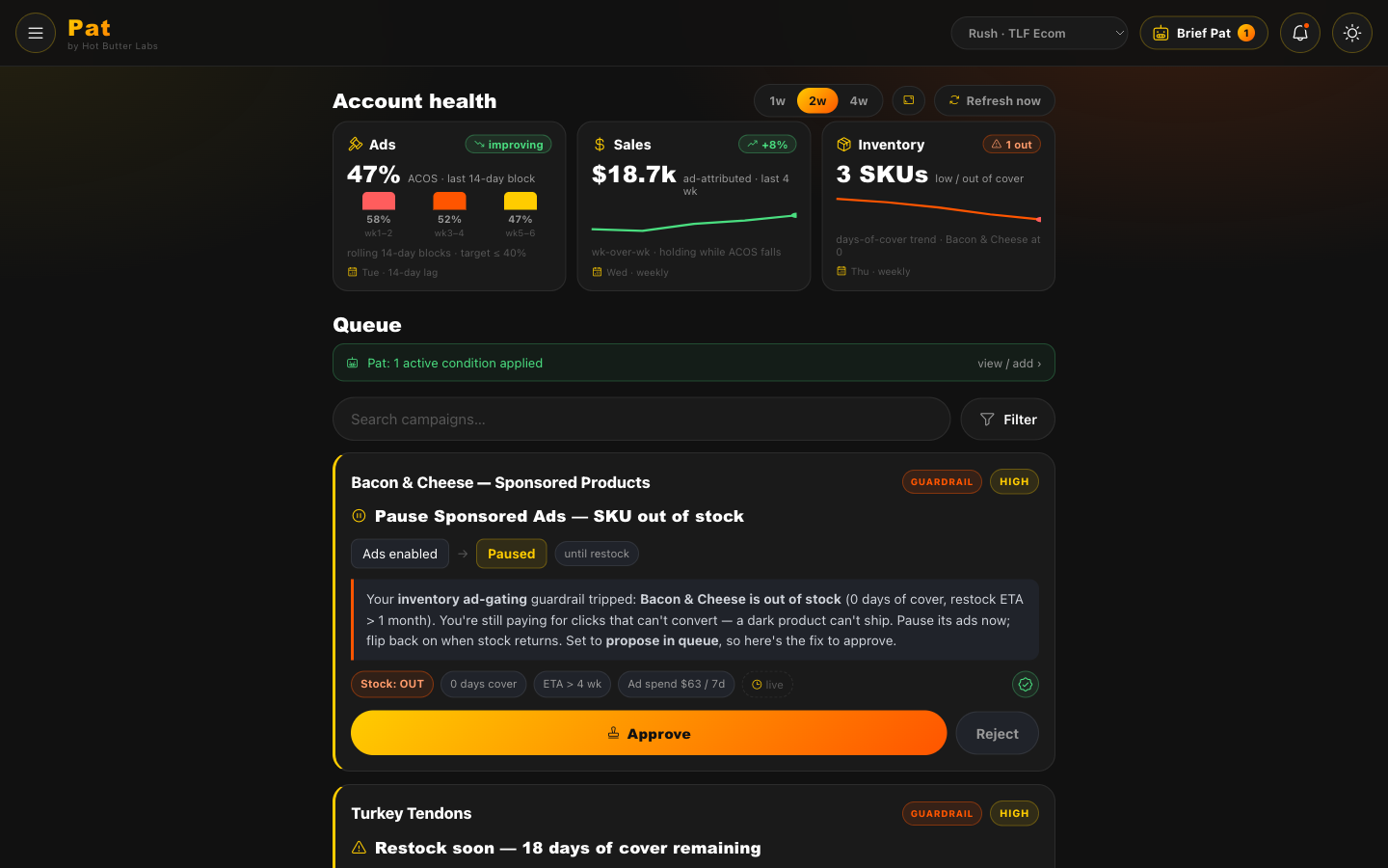 Pat approval queue showing campaign health and pending changes